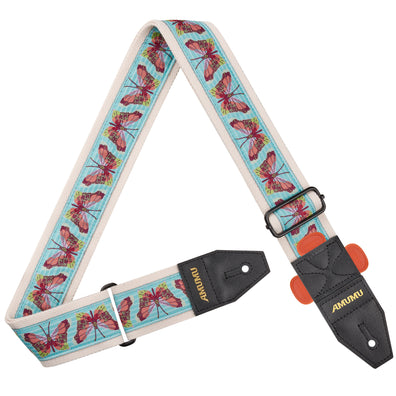 AMUMU Guitar Strap β Butterfly Sky Style, Top Grain Leather Ends, Pick Holder, Heavy-Duty Metal Buckle CO40J-BR-R